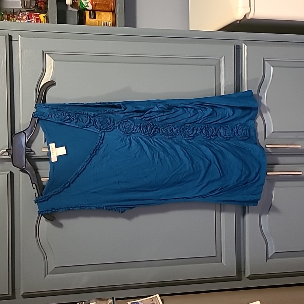 Extra long stretchy top with ruching,  beautiful rose detail. Side v neck